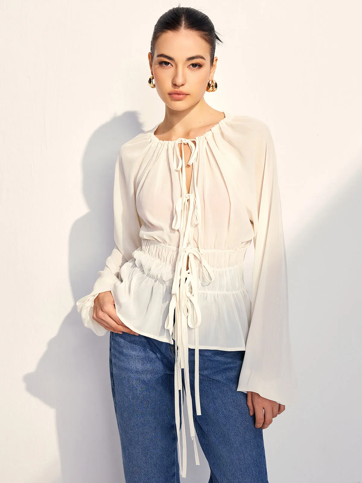 Lace Up Pleated Chiffon Shirt sold by COMMENSE