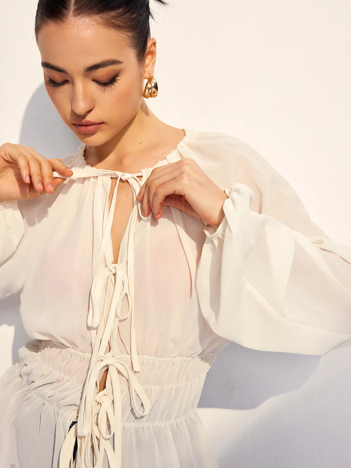 Lace Up Pleated Chiffon Shirt sold by COMMENSE product image thumbnail 5