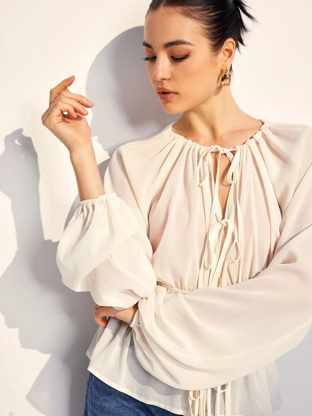 Lace Up Pleated Chiffon Shirt sold by COMMENSE product image thumbnail 2
