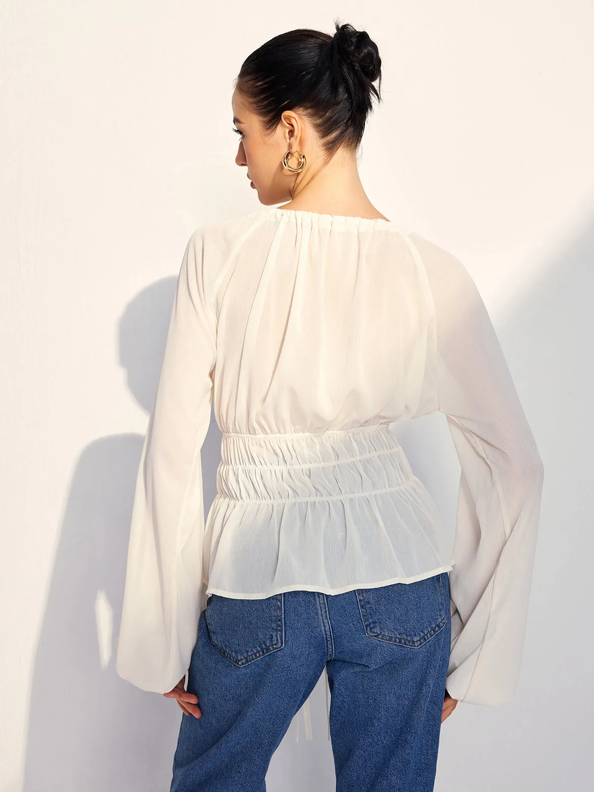Lace Up Pleated Chiffon Shirt sold by COMMENSE product image thumbnail 3