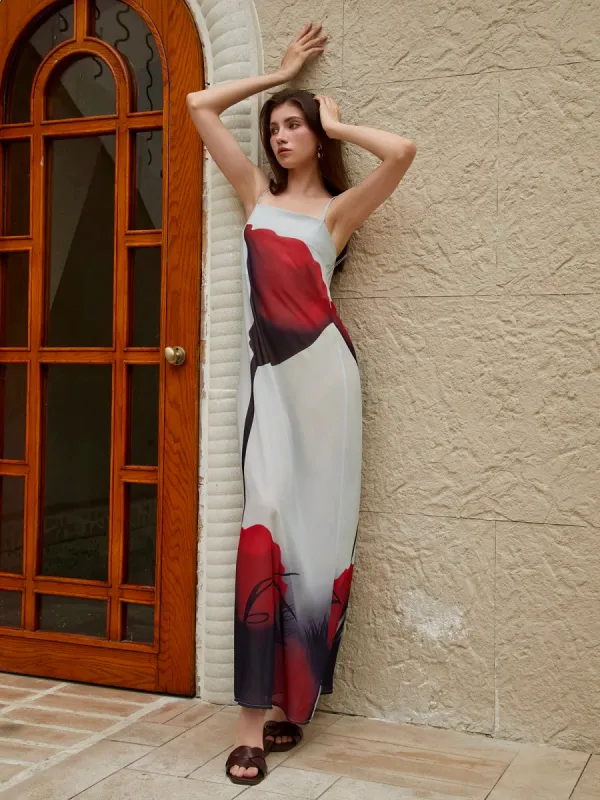 Sheer Large Floral Print Cami Long Dress sold by COMMENSE