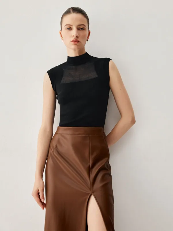 Knit Mock Neck Mesh Tank Top sold by COMMENSE