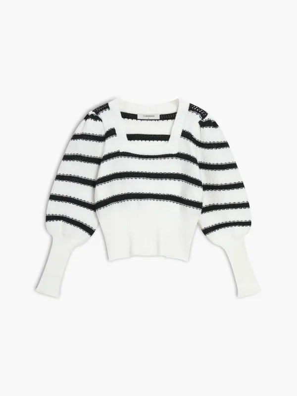 Stripe Puff Sleeve Knit Top sold by COMMENSE
