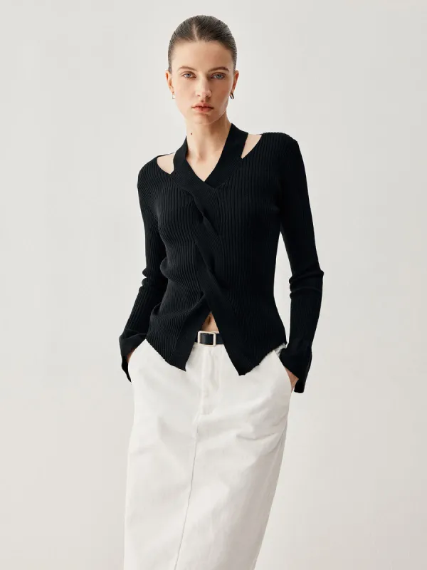 Cut Out Ribbed Slit Long Sleeve Knit Top sold by COMMENSE