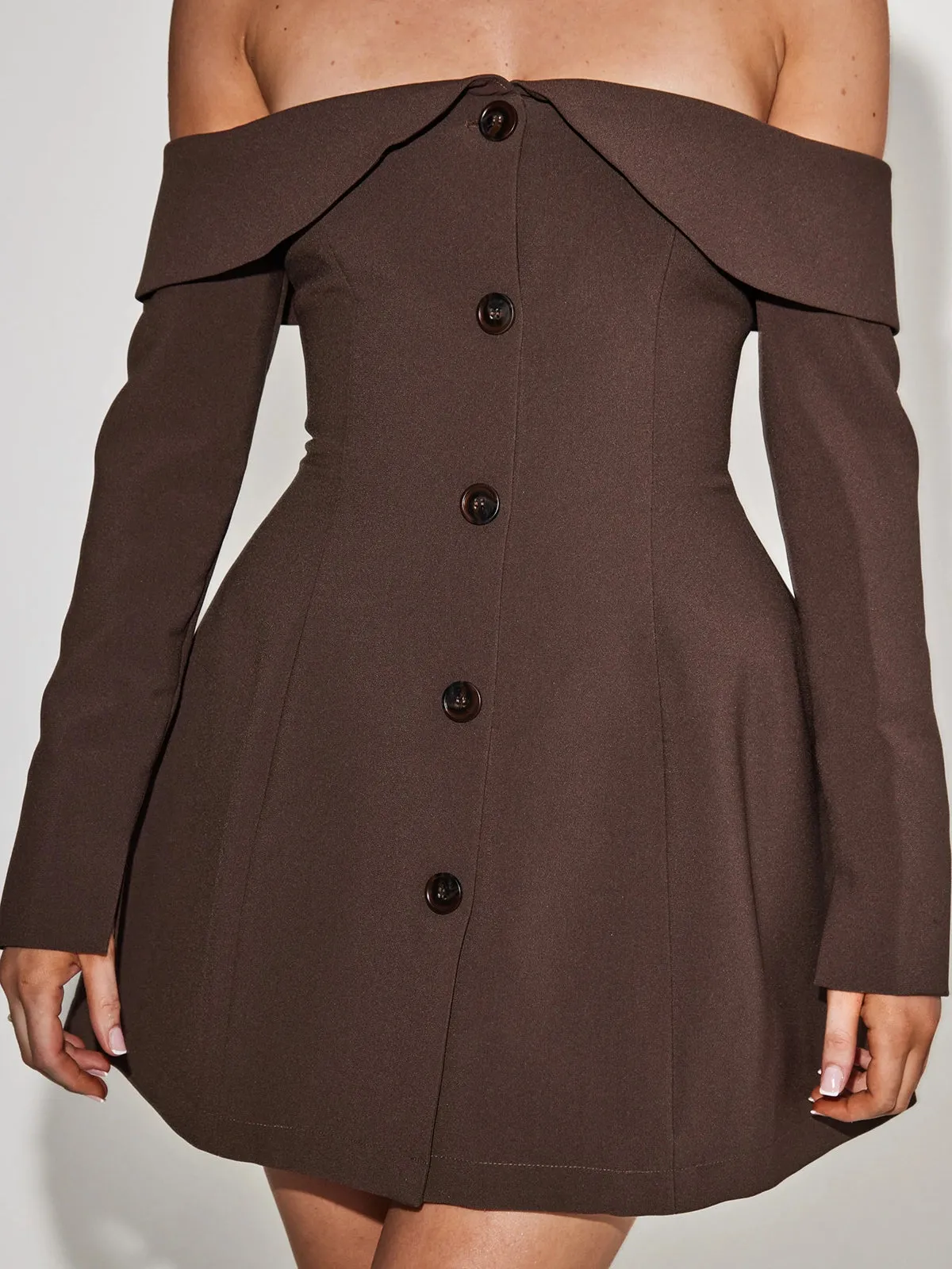 Off Shoulder Long Sleeve Button Zip Mini Dress sold by COMMENSE product image thumbnail 2