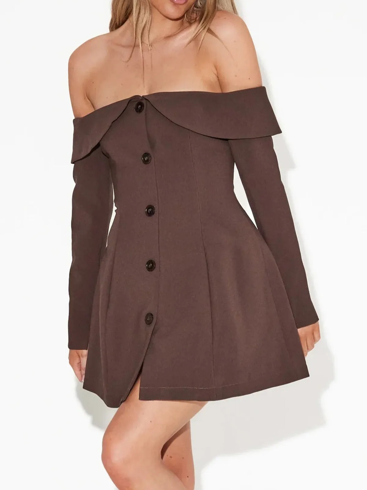 Off Shoulder Long Sleeve Button Zip Mini Dress sold by COMMENSE product image thumbnail 3
