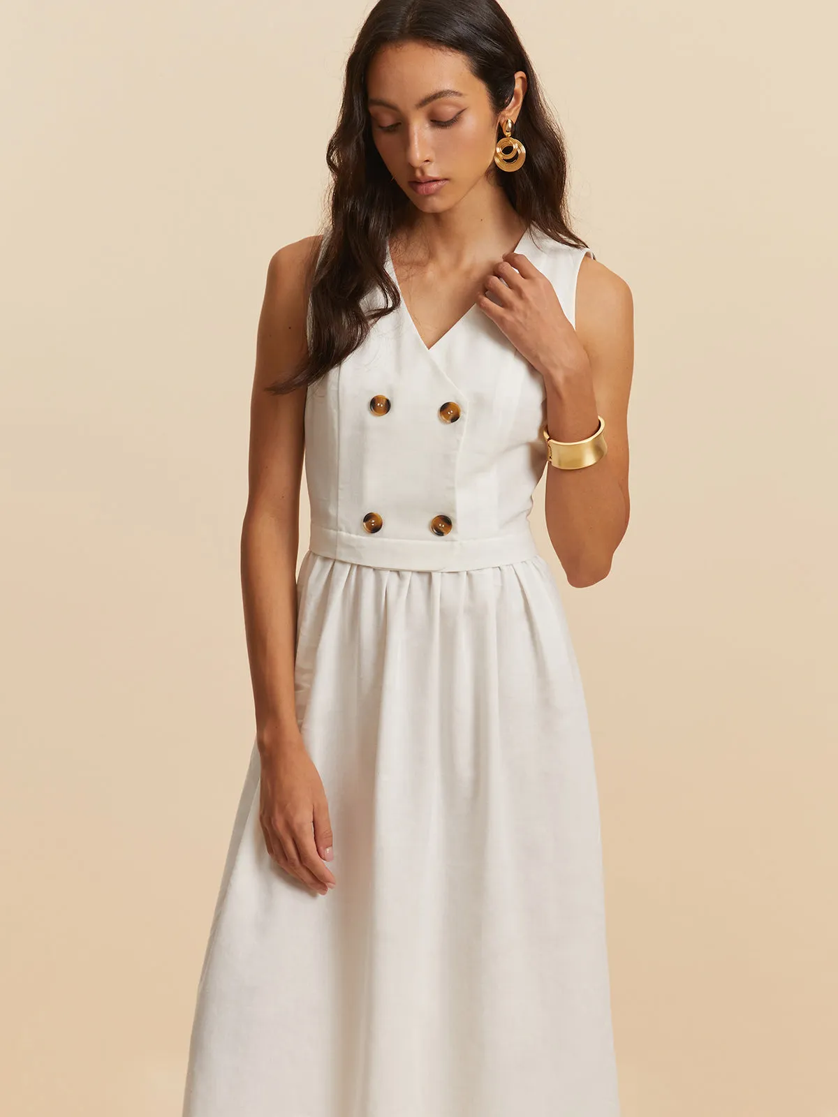 Cotton & Linen Button Sleeveless Dress sold by COMMENSE product image thumbnail 4