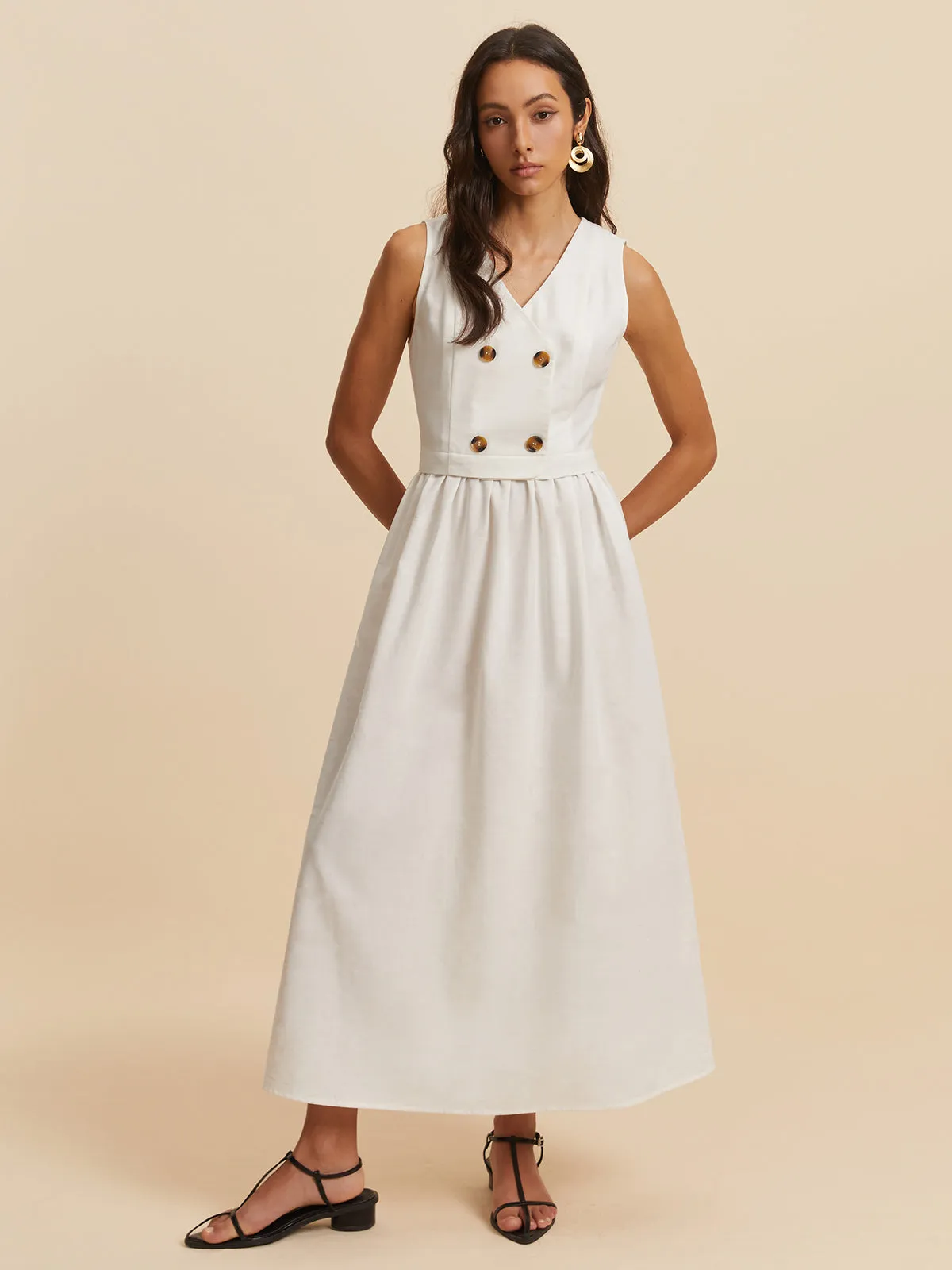 Cotton & Linen Button Sleeveless Dress sold by COMMENSE