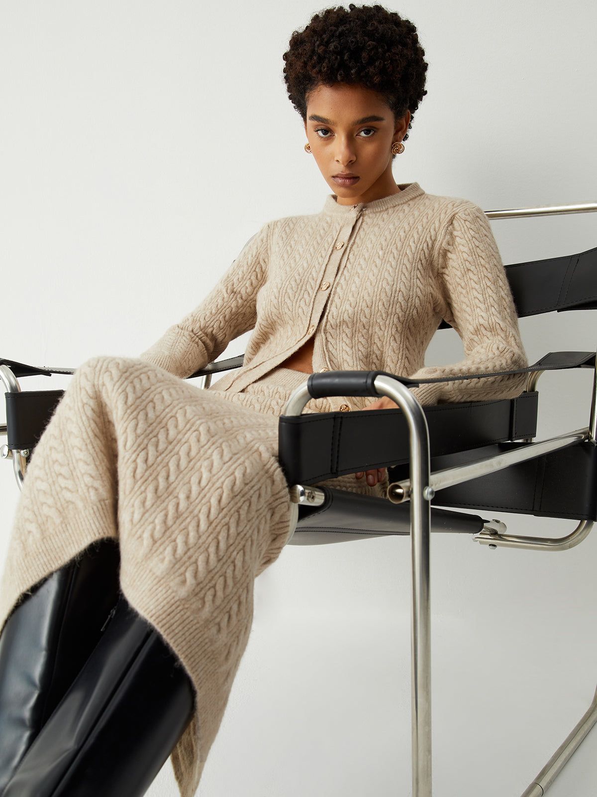 Oatmeal Cable Knit Long Sleeve Two Piece Skirt Set sold by COMMENSE product image thumbnail 3