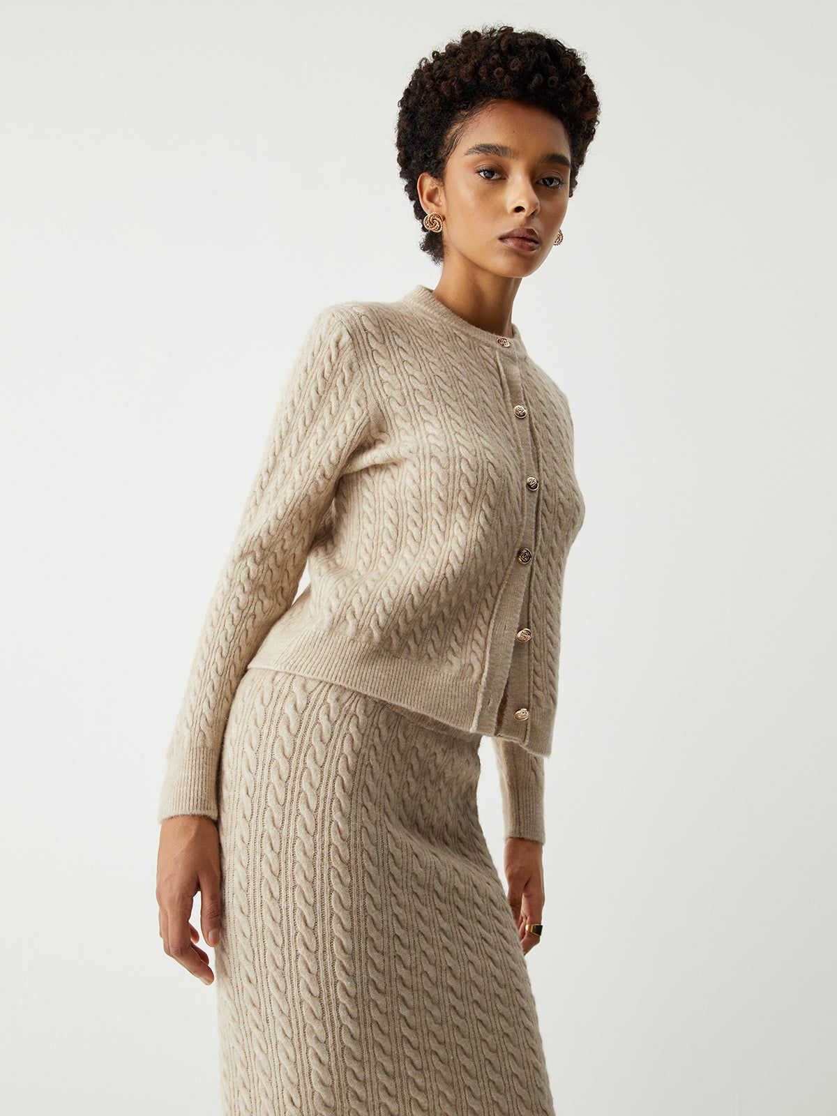 Oatmeal Cable Knit Long Sleeve Two Piece Skirt Set sold by COMMENSE product image thumbnail 4