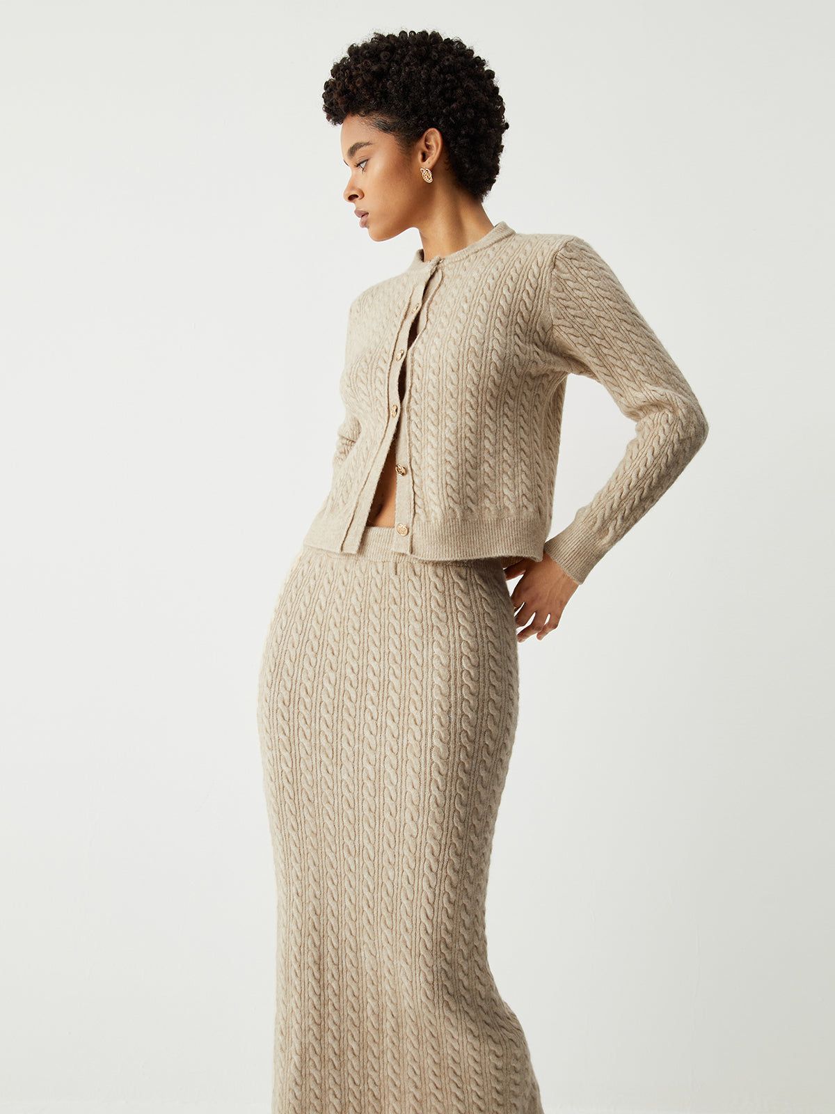 Oatmeal Cable Knit Long Sleeve Two Piece Skirt Set sold by COMMENSE