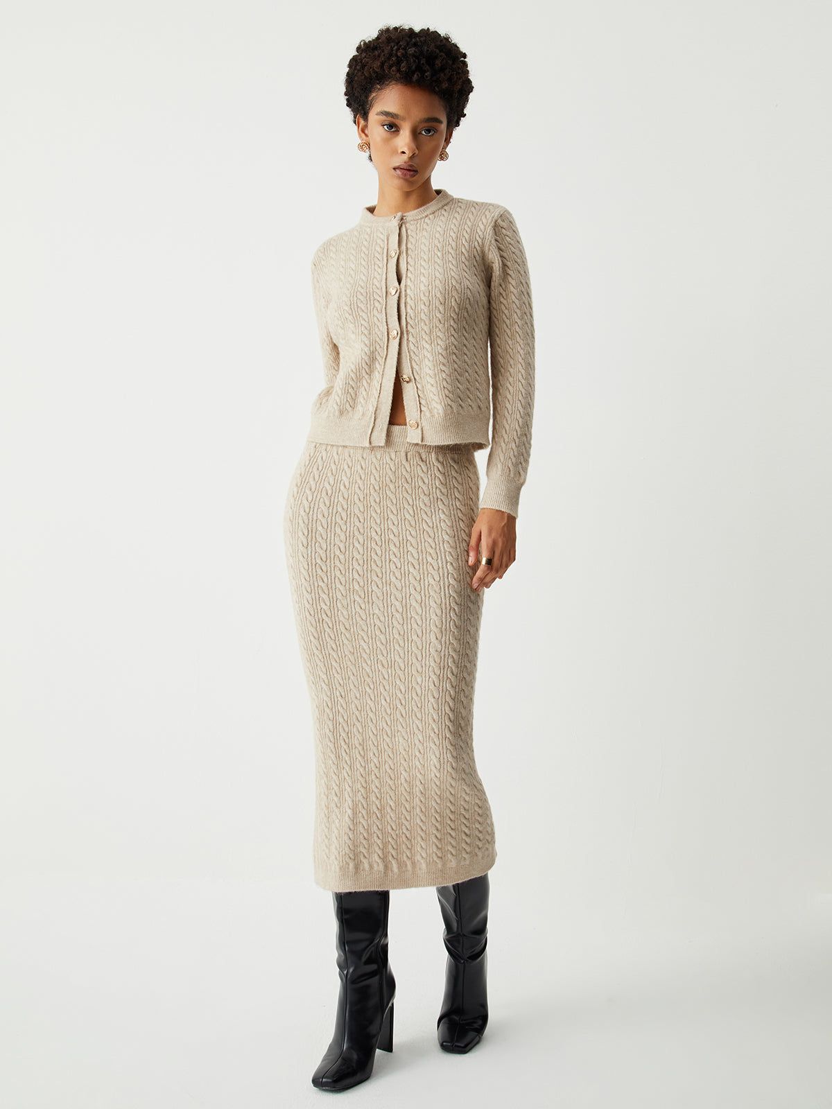 Oatmeal Cable Knit Long Sleeve Two Piece Skirt Set sold by COMMENSE product image thumbnail 2
