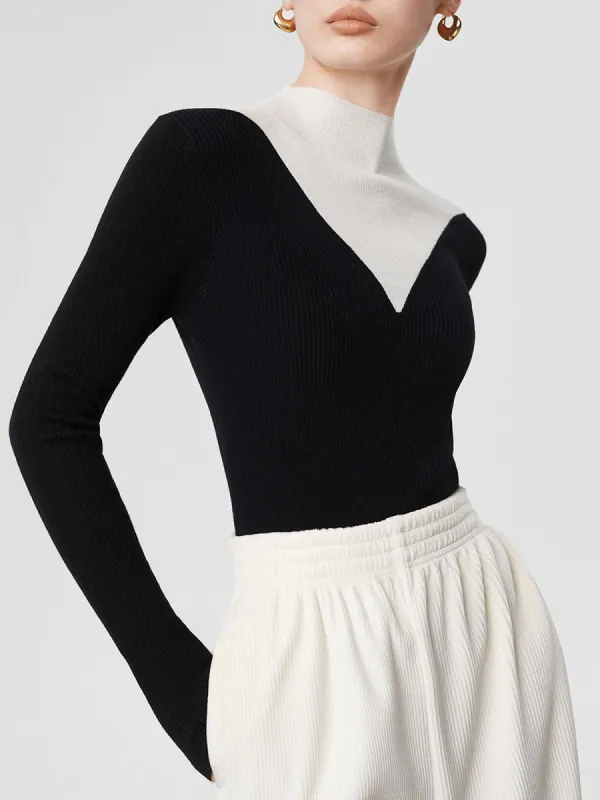 Slinky Contrast Color Patchwork Mock Neck Sweater made by COMMENSE