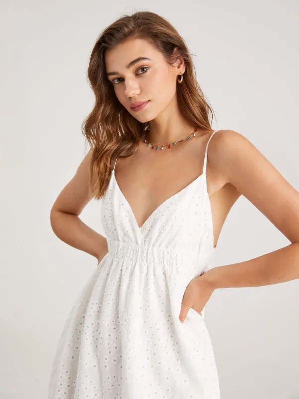 V-Neck Eyelet Shirred Maxi Dress sold by COMMENSE