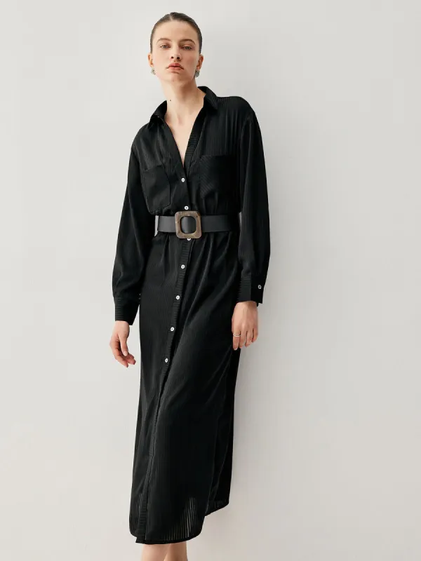 Collared Contrast Button-Down Long Sleeve Striped Midi Dress made by COMMENSE