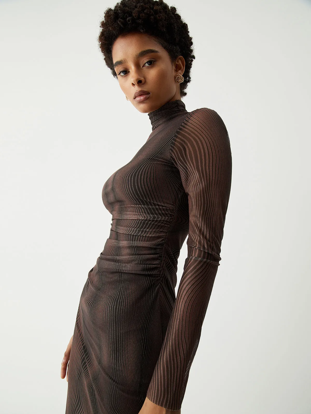 Illusion Tulle Print Mock Neck Mesh Midi Dress sold by COMMENSE product image thumbnail 3