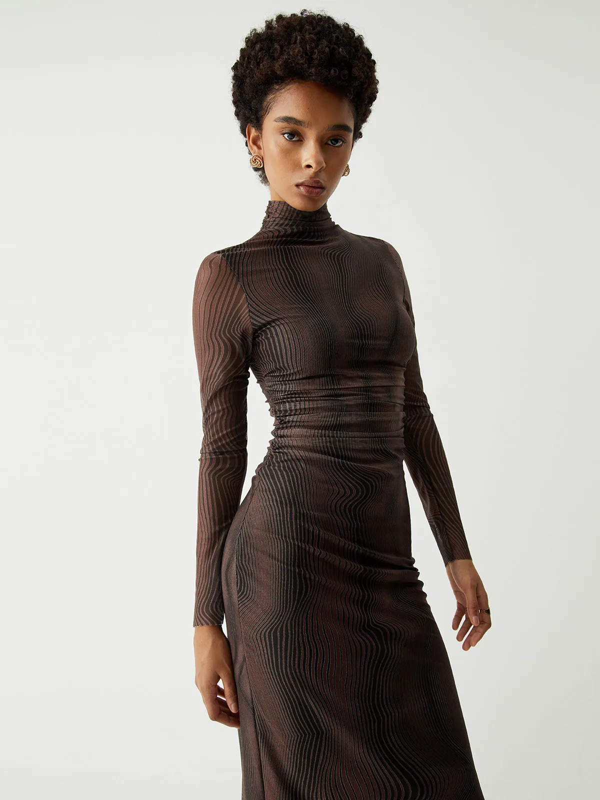Illusion Tulle Print Mock Neck Mesh Midi Dress sold by COMMENSE product image thumbnail 4
