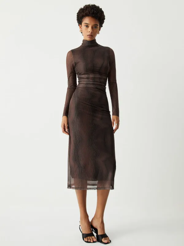 Illusion Tulle Print Mock Neck Mesh Midi Dress sold by COMMENSE