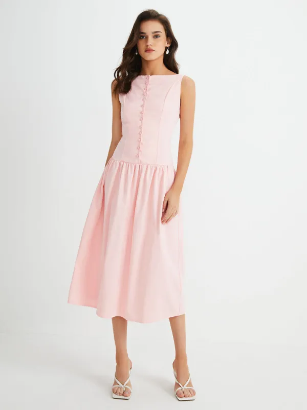 Multi-Button Sleeveless Pleated Midi Dress sold by COMMENSE