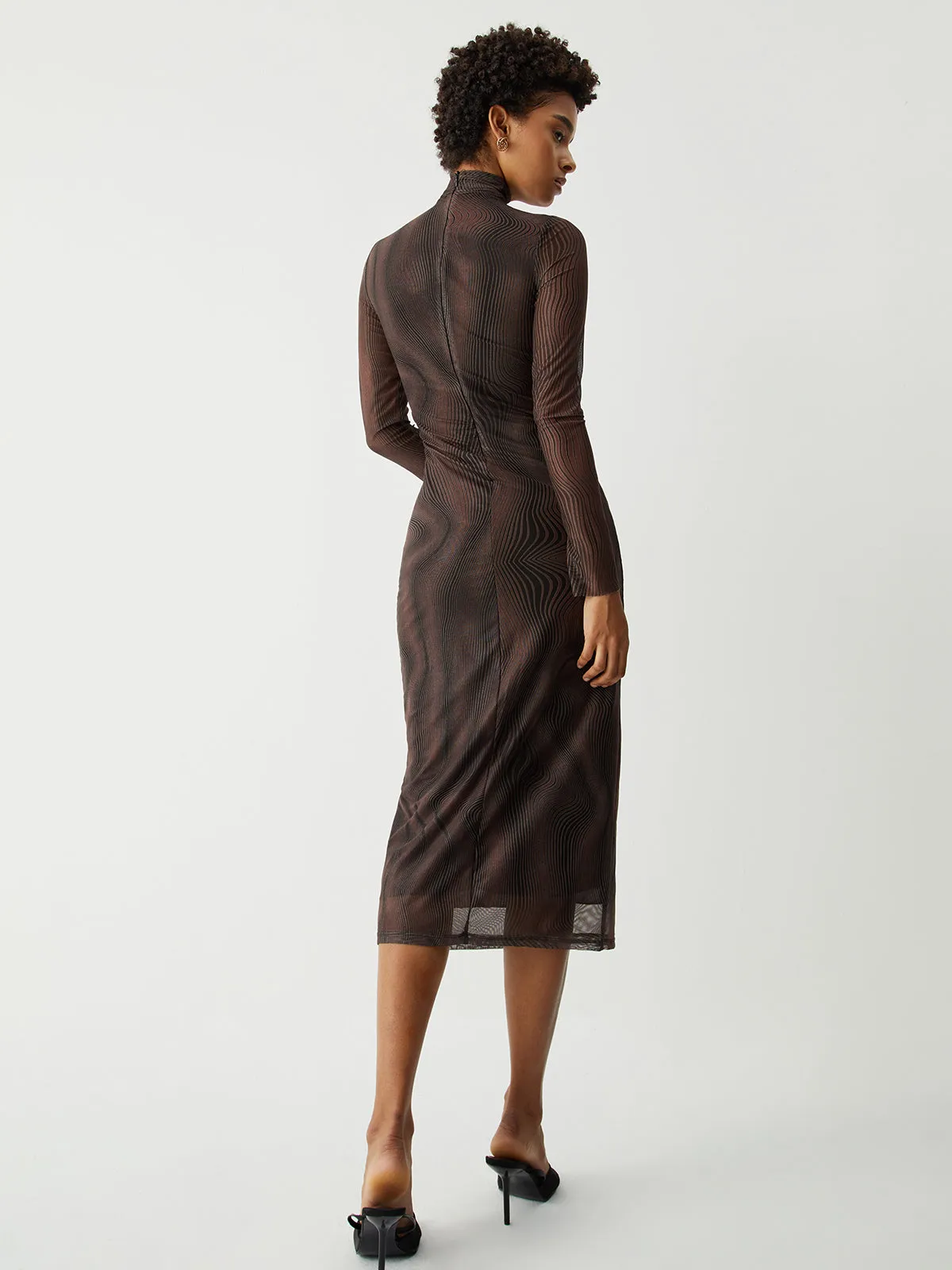 Illusion Tulle Print Mock Neck Mesh Midi Dress sold by COMMENSE product image thumbnail 5