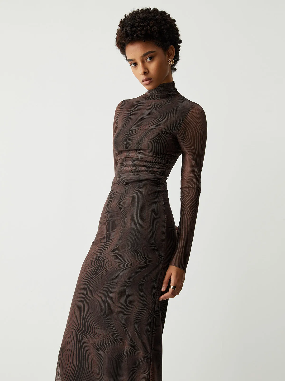 Illusion Tulle Print Mock Neck Mesh Midi Dress sold by COMMENSE product image thumbnail 2