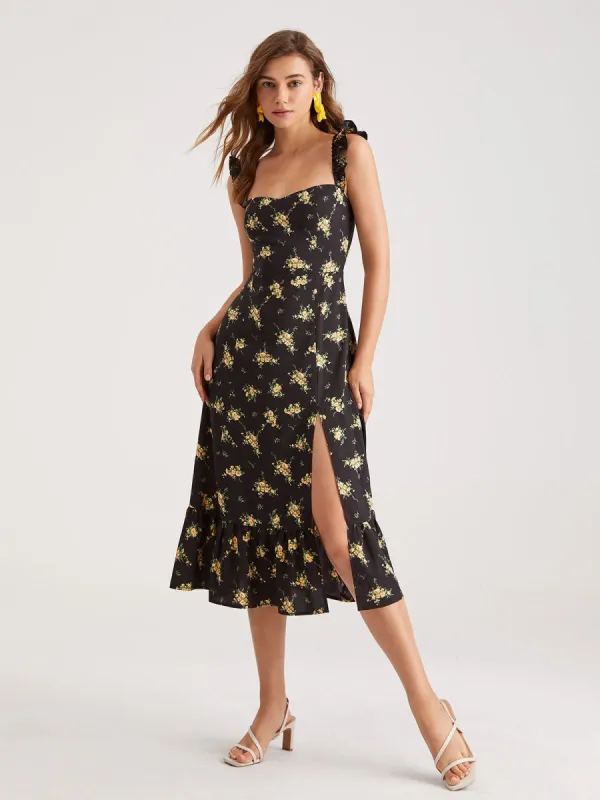 Square Neck Floral Ruffle Midi Dress sold by COMMENSE