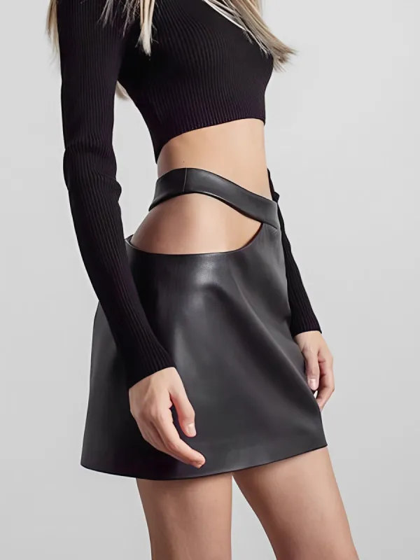 Faux Leather Zip Up Waist Cutout Skirt sold by COMMENSE