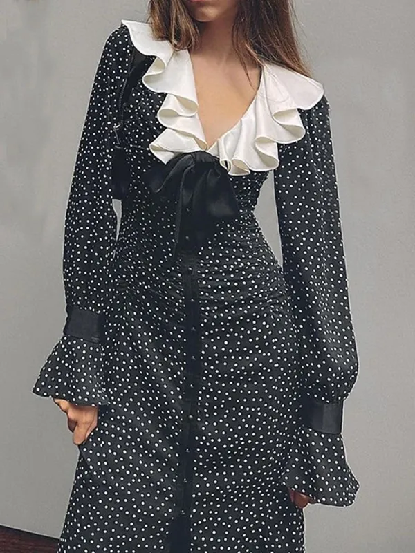 Contrast Trim Ruffled Collar Button-down Polka Dot Midi Dress sold by COMMENSE