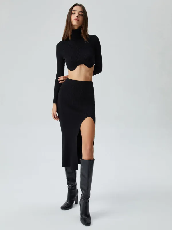 Collared Long Sleeve Two Piece Ribbed Knit Slit Skirt Set sold by COMMENSE