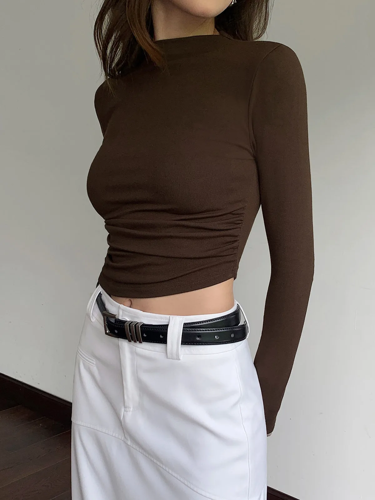 Mock Neck Slinky Long Sleeve Ribbed Knit Crop Shirt sold by COMMENSE