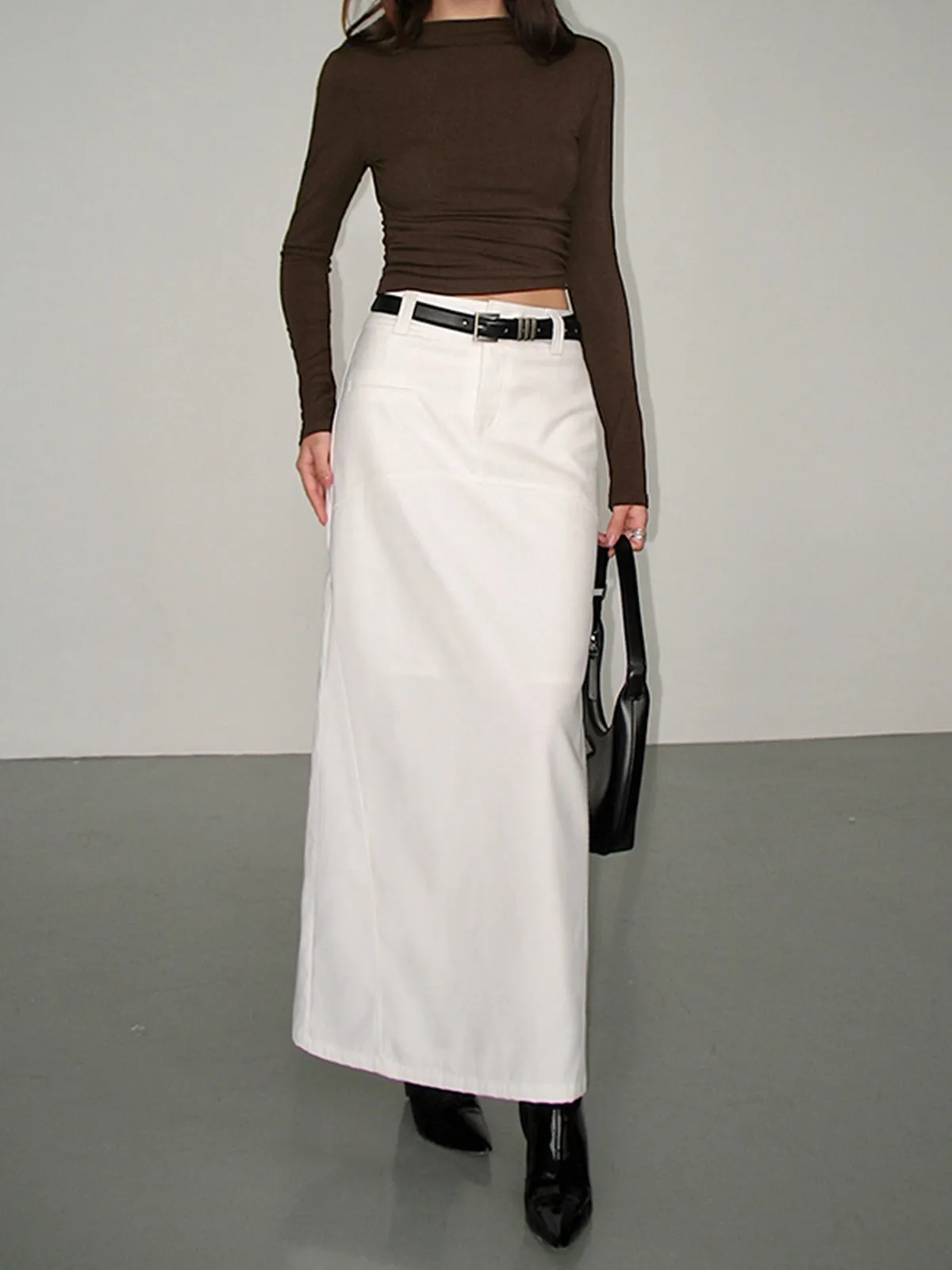 Mock Neck Slinky Long Sleeve Ribbed Knit Crop Shirt sold by COMMENSE product image thumbnail 3