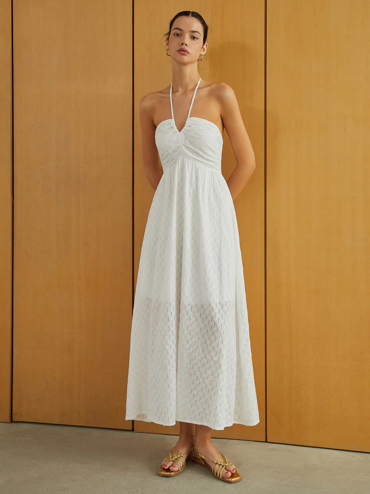 Textured Shirred Halter Knotted Vacation Long Dress sold by COMMENSE product image thumbnail 3