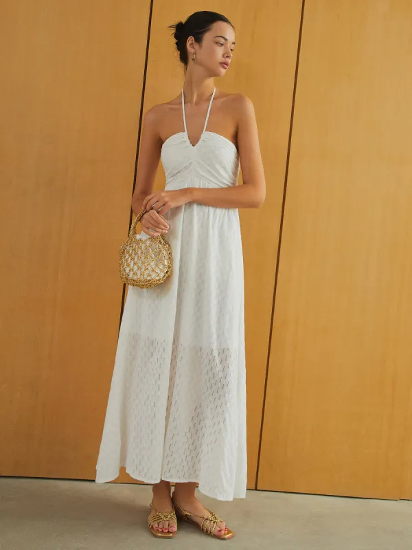 Textured Shirred Halter Knotted Vacation Long Dress sold by COMMENSE