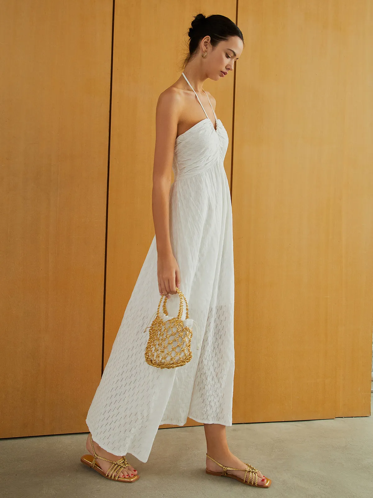 Textured Shirred Halter Knotted Vacation Long Dress sold by COMMENSE product image thumbnail 2