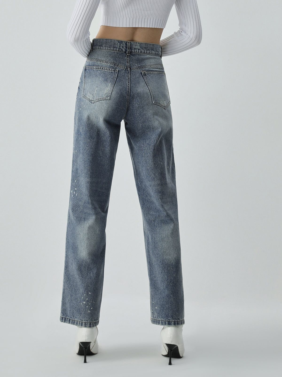 Distressed Detail Faded Denim Straight Leg Jeans sold by COMMENSE product image thumbnail 3