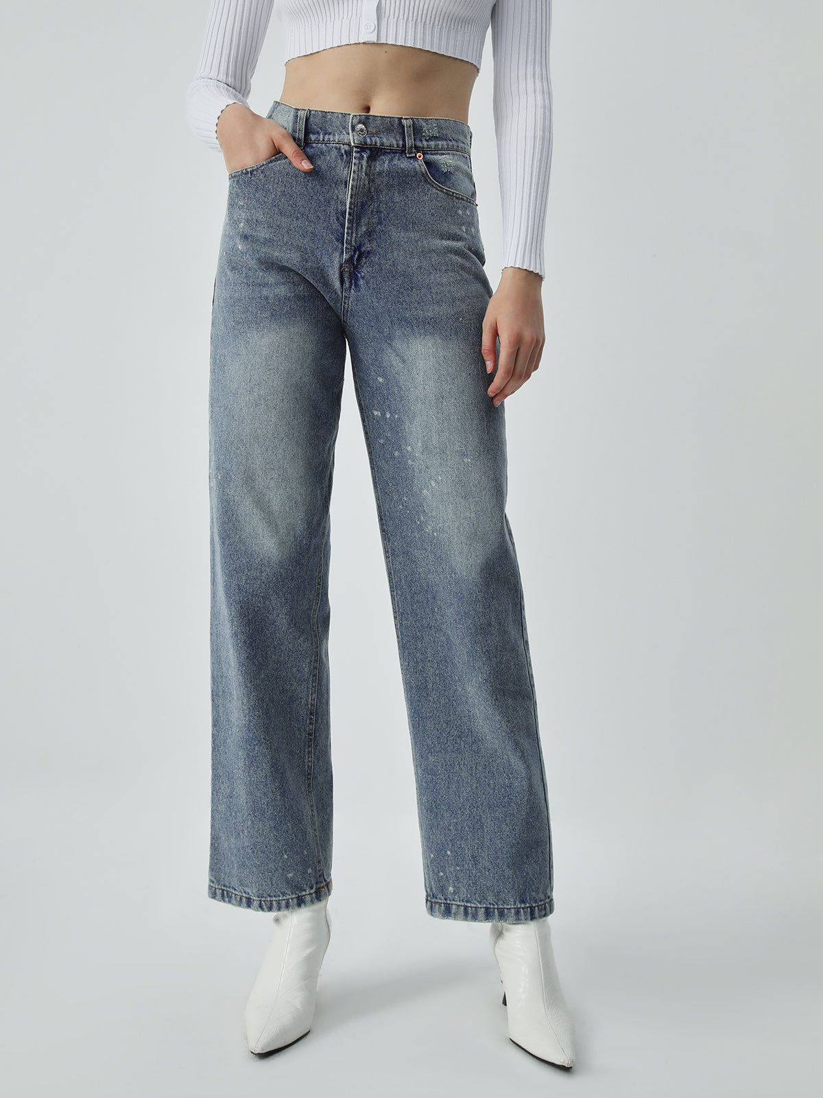 Distressed Detail Faded Denim Straight Leg Jeans sold by COMMENSE