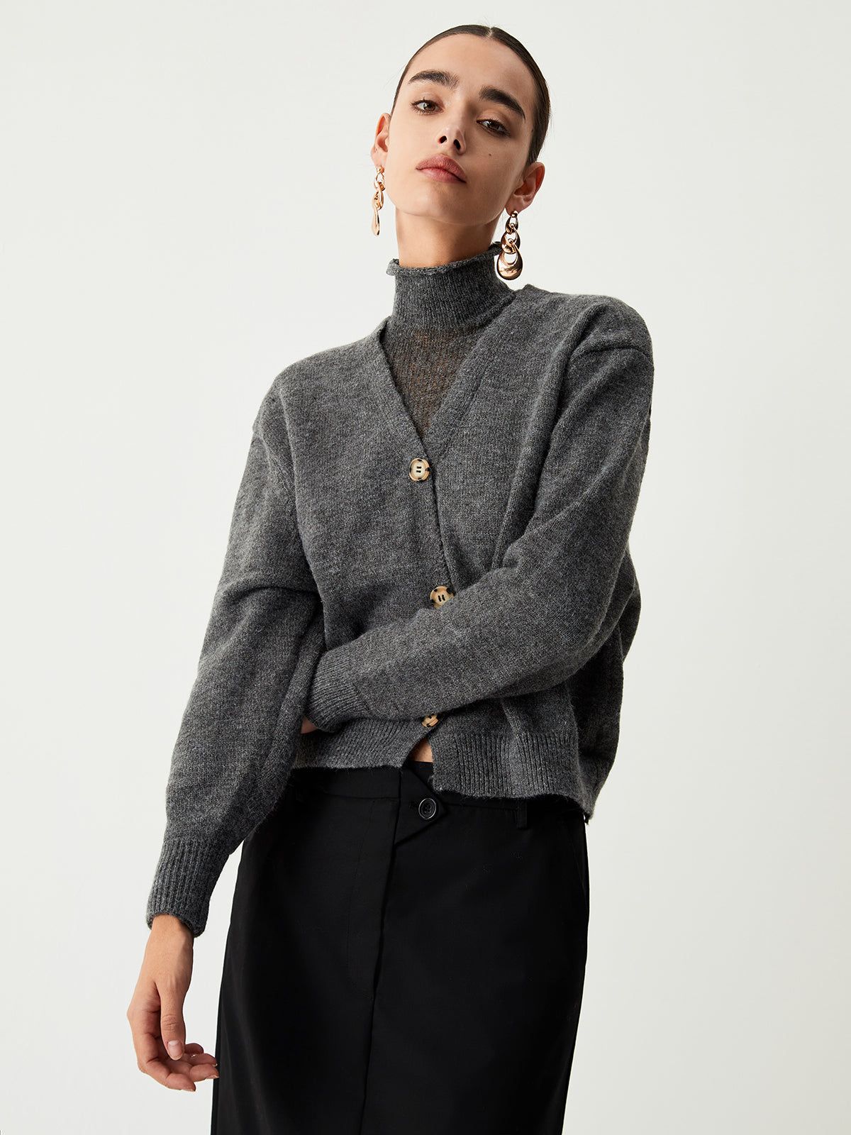 Charcoal Mock Neck Button Down Sweater sold by COMMENSE product image thumbnail 3