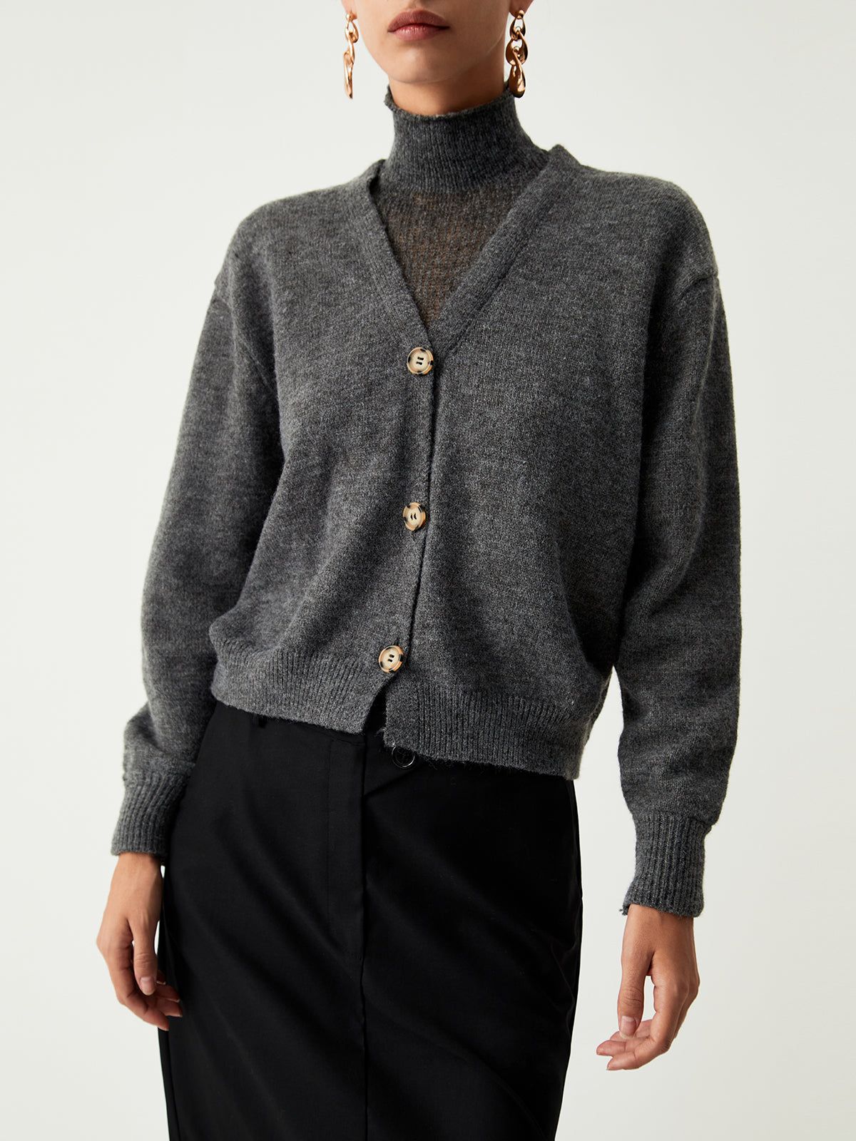 Charcoal Mock Neck Button Down Sweater sold by COMMENSE