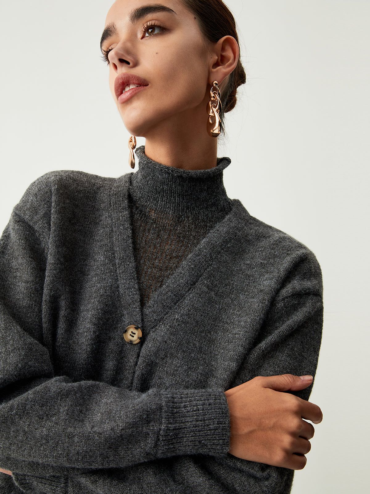 Charcoal Mock Neck Button Down Sweater sold by COMMENSE product image thumbnail 2