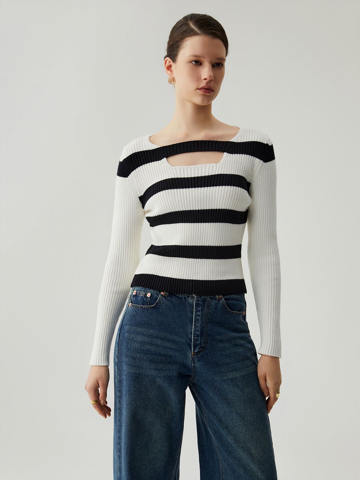 Knit Rib Stripe Cut Out Long Sleeve Sweater sold by COMMENSE product image thumbnail 3