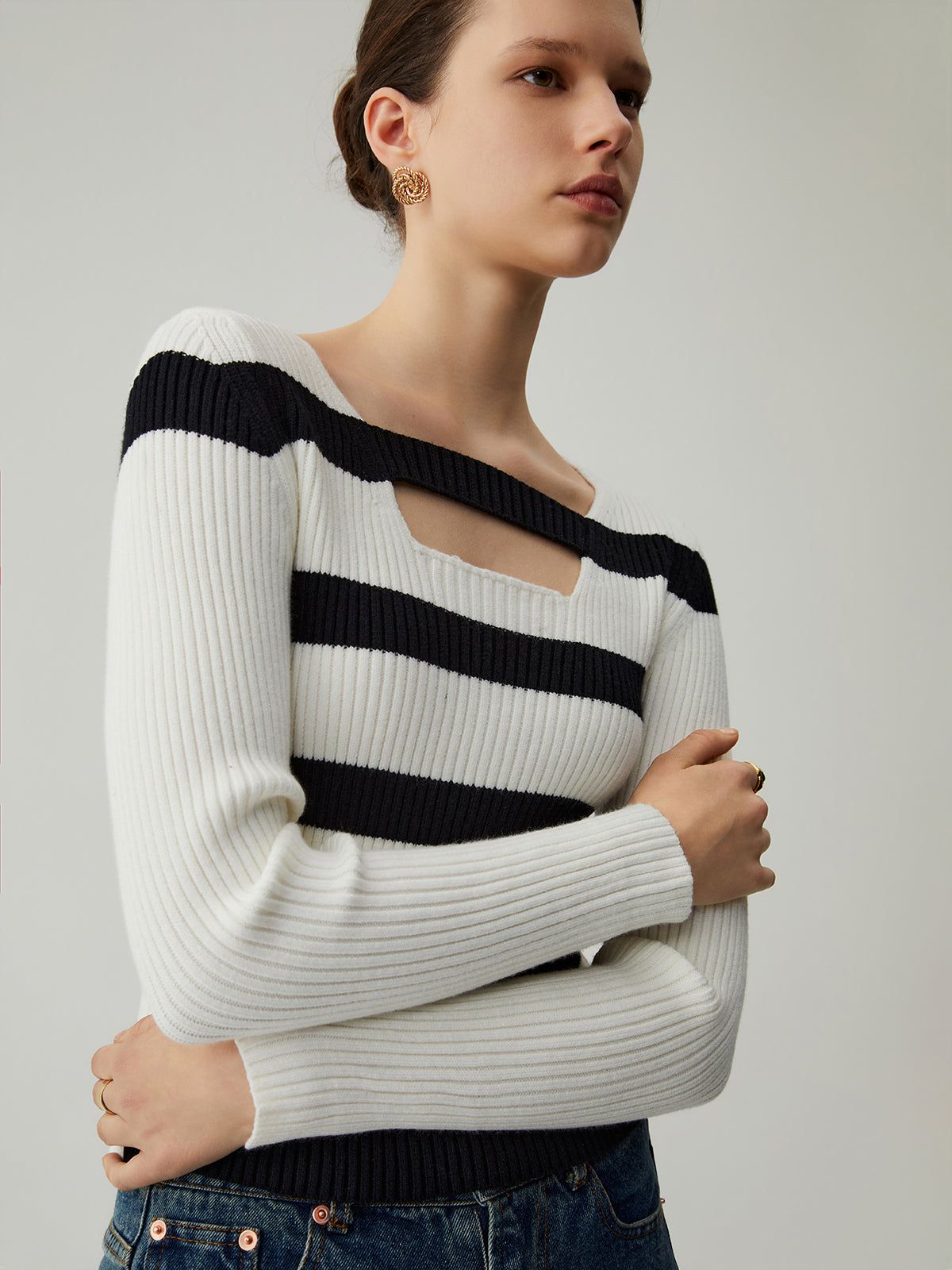 Knit Rib Stripe Cut Out Long Sleeve Sweater sold by COMMENSE product image thumbnail 4