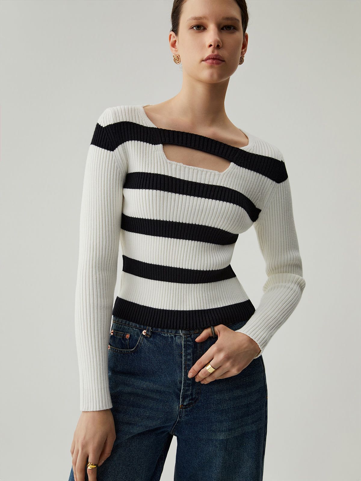 Knit Rib Stripe Cut Out Long Sleeve Sweater sold by COMMENSE