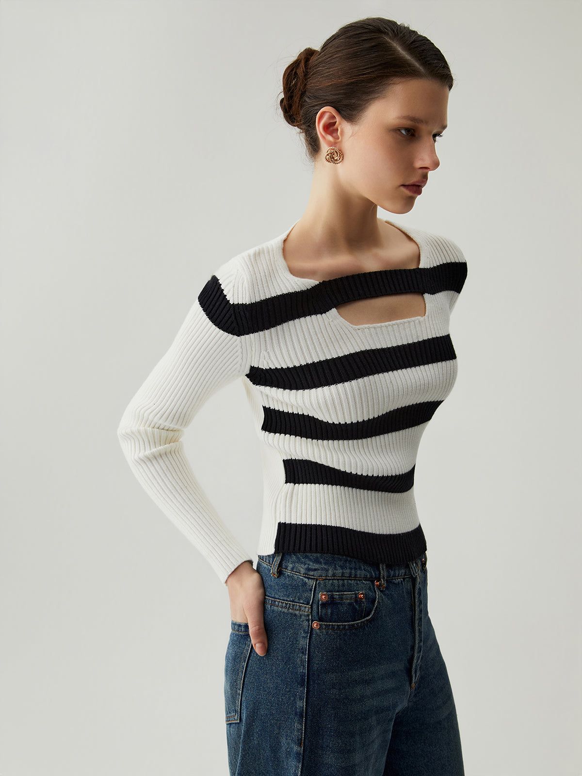 Knit Rib Stripe Cut Out Long Sleeve Sweater sold by COMMENSE product image thumbnail 5