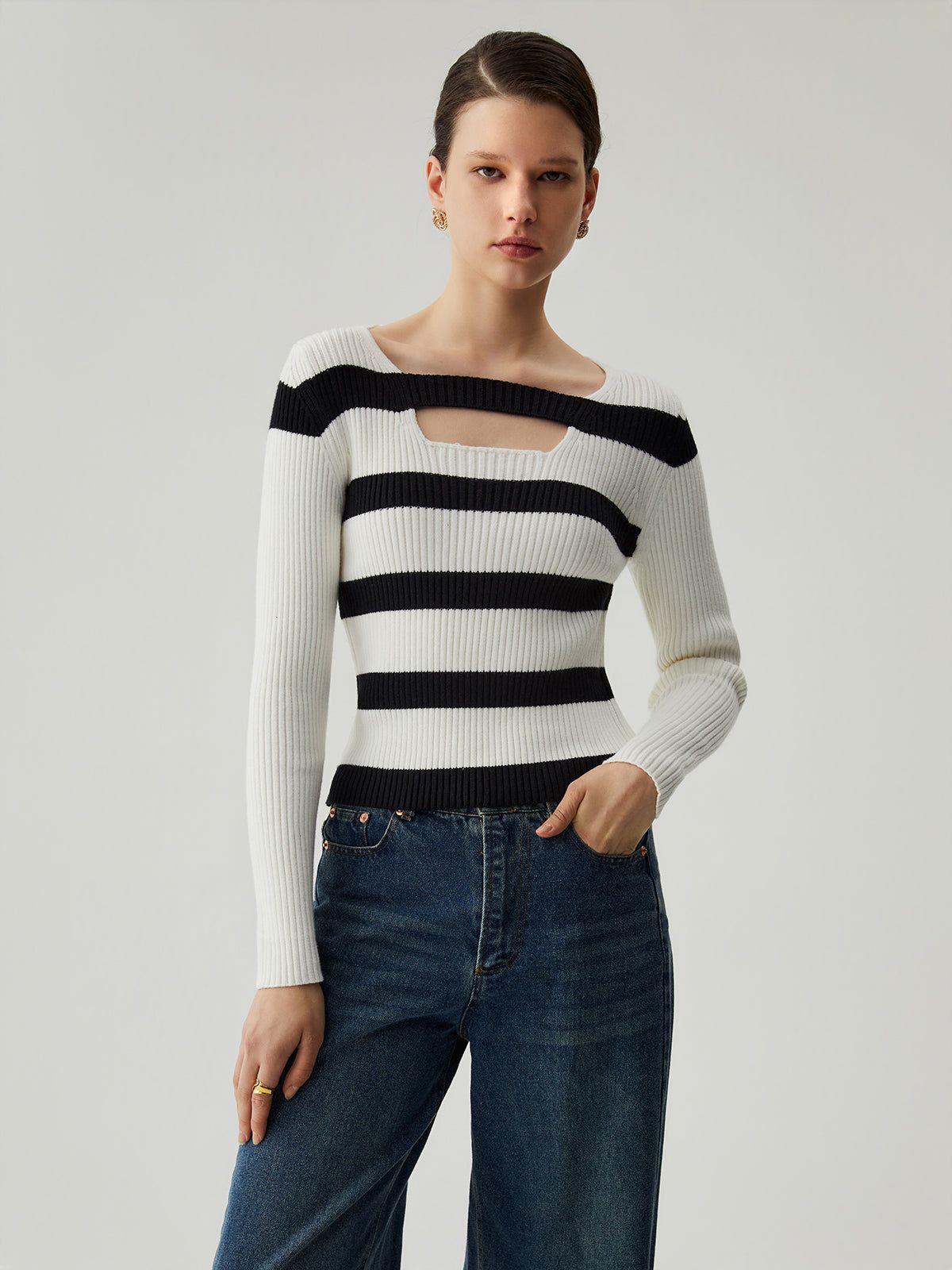 Knit Rib Stripe Cut Out Long Sleeve Sweater sold by COMMENSE product image thumbnail 2