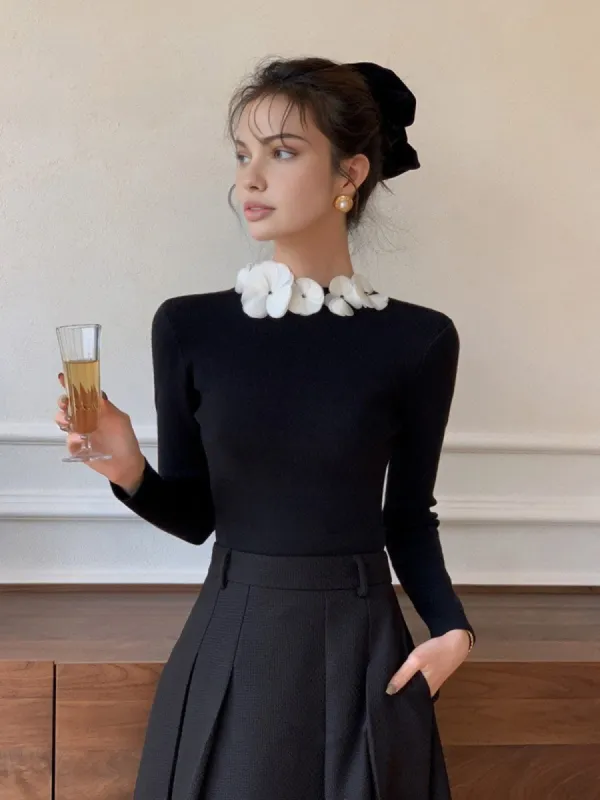 Solid Long Sleeve Floral Knit Top sold by COMMENSE