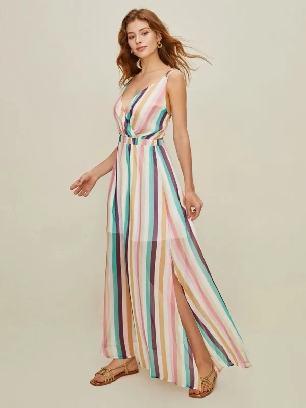 Stripe V Neck Backless Spilt Long Dress sold by COMMENSE