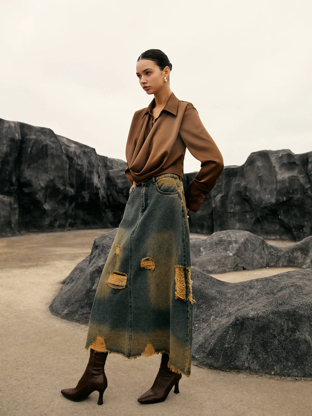 Button Cowl Neck Long Sleeve Shirt sold by COMMENSE product image thumbnail 3