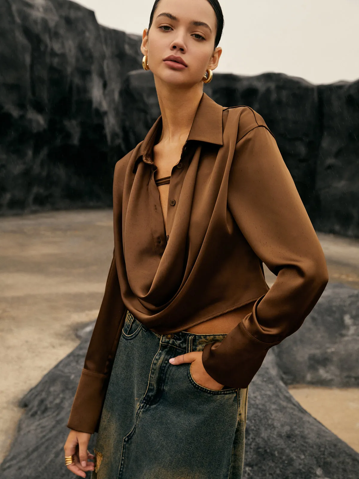 Button Cowl Neck Long Sleeve Shirt sold by COMMENSE product image thumbnail 4