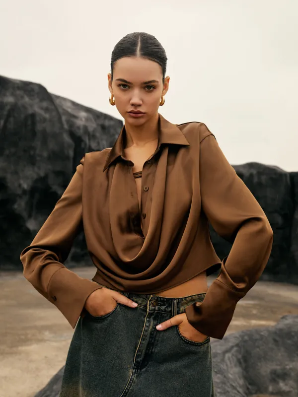 Button Cowl Neck Long Sleeve Shirt sold by COMMENSE