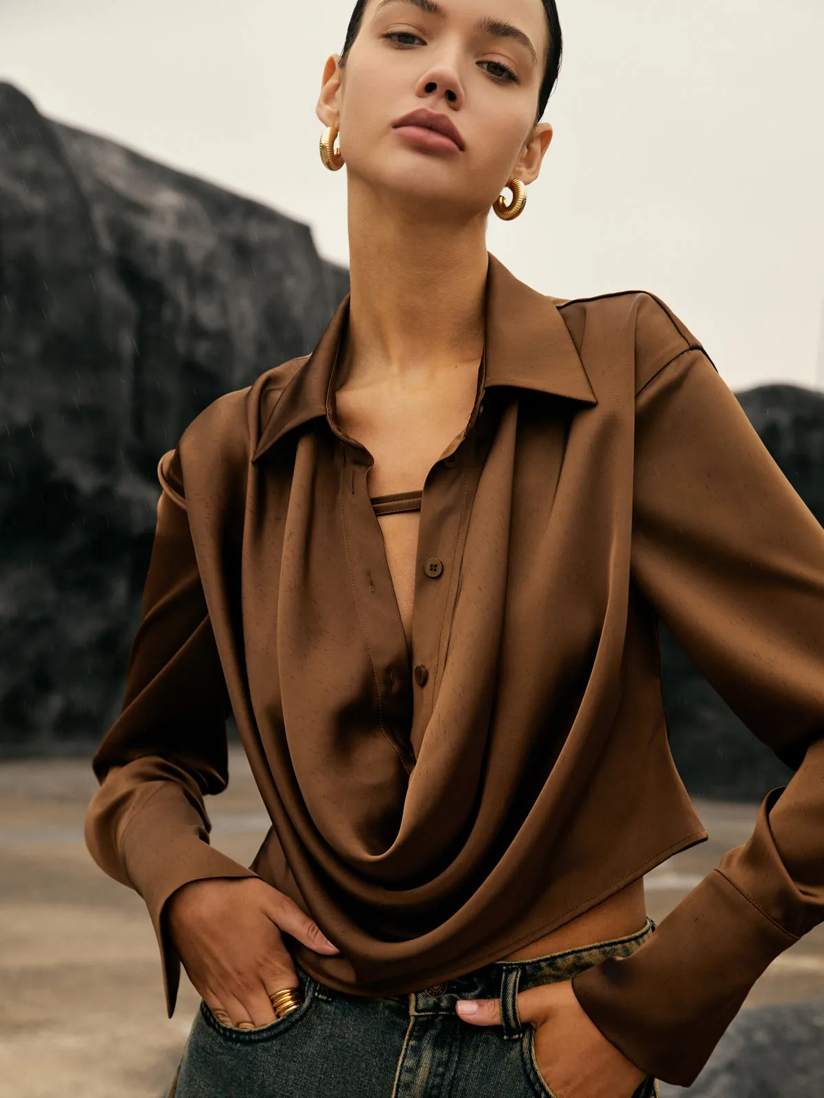 Button Cowl Neck Long Sleeve Shirt sold by COMMENSE product image thumbnail 5